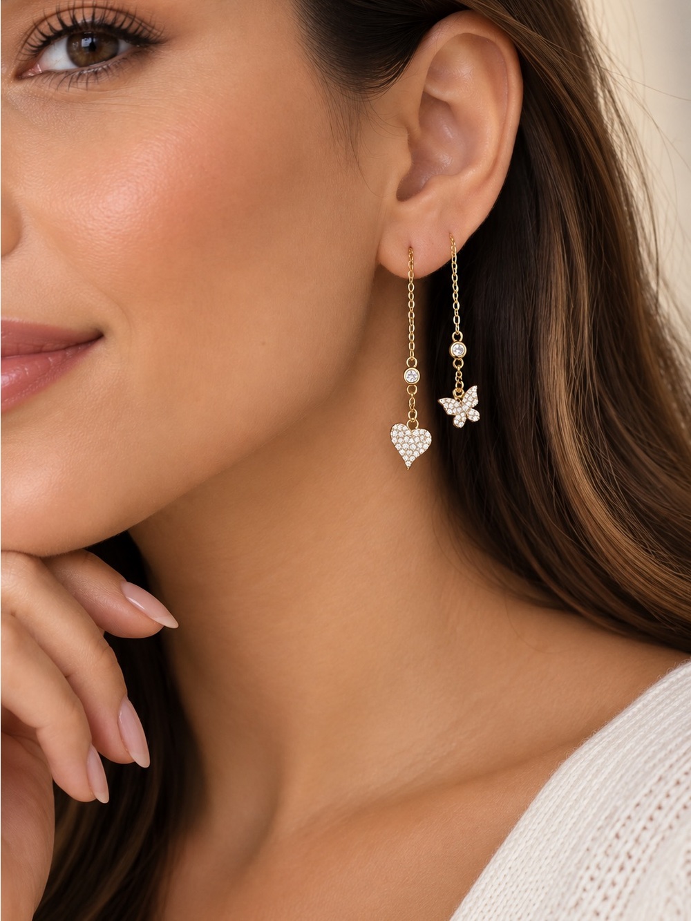 925 Sterling Silver Gold Plated Heart & Butterfly Threader Earrings